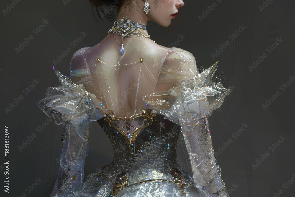 Naklejka premium Princess with elegant hairstyle showing back, wearing fantasy sparkling crystal dress and precious jewelry
