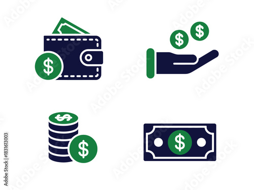 A set of four finance-related icons representing a wallet, receiving money, stacked coins, and a banknote, all in a dark blue and green color scheme.