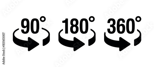 Three rotation icons depicting 90 degrees, 180 degrees, and 360 degrees with arrows on a white background.