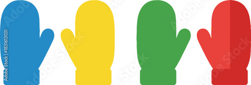 Colorful winter mittens in blue yellow green and red hues displayed neatly