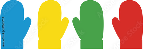 Colorful winter mittens in a row showcasing blue yellow green and red