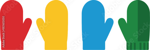Colorful winter mittens in red yellow blue and green are displayed