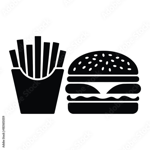 Burger with fries on the side Vector, Silhouette, Illustration