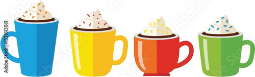 Colorful mugs with fluffy whipped cream and hot chocolate illustrations