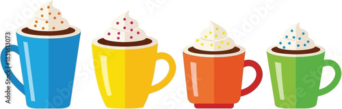 Colorful mugs with whipped cream and sprinkles in a row