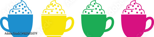 Four colorful mugs with whipped cream a simple and vibrant illustration