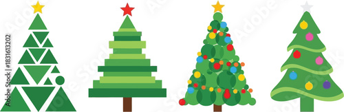 Four stylized evergreen trees with varying designs and colorful ornaments