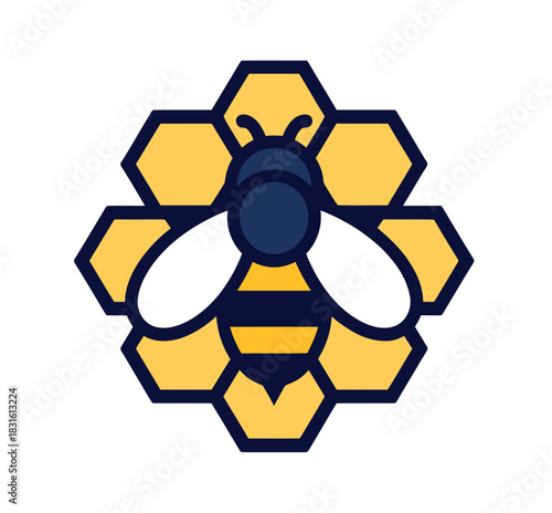 A stylized illustration of a bee resting on a hexagonal honeycomb structure, symbolizing nature and industry.