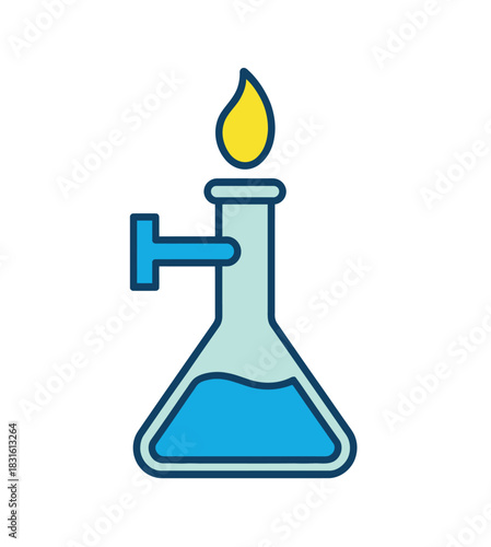 A laboratory flask with blue liquid is heated by a flame from a Bunsen burner, symbolizing scientific experimentation.
