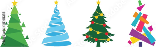 Four stylized christmas trees in varying designs and color palettes