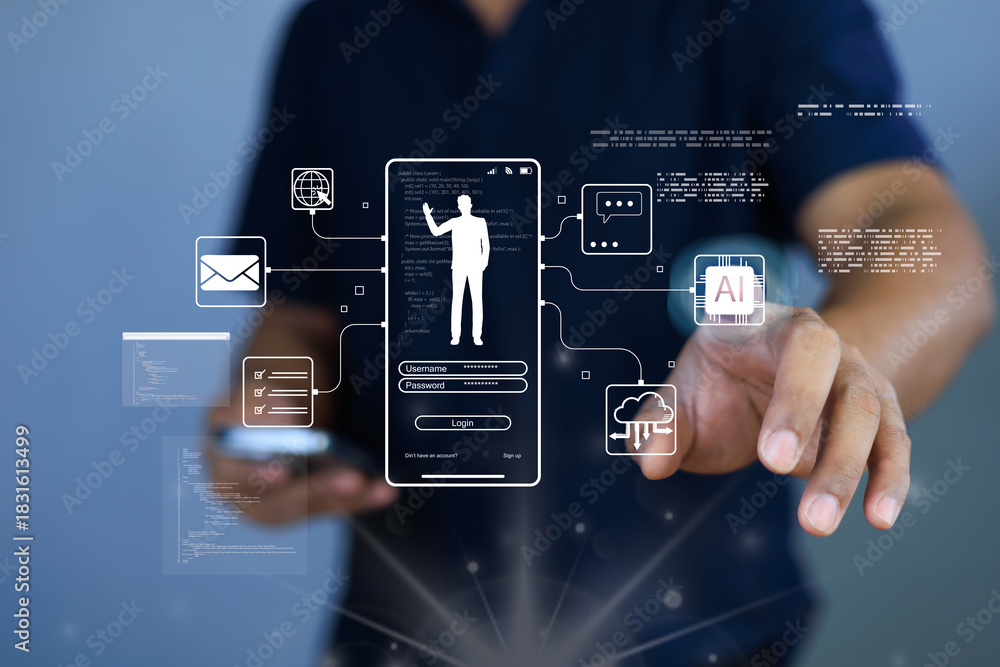 Fototapeta premium technology is available at your fingertip with AI to manage and transmit data,store documents,prevent access to data from the dangers of the internet,protect data,data on the cloud,intelligent brains.