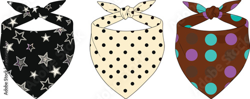 Bandana scarf collection CAD drawing flat vector illustration, stylish fashion accessory with star pattern and colorful polka dot design templates