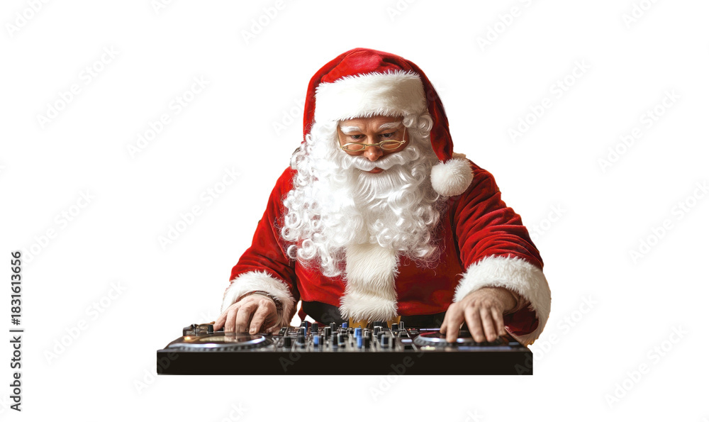 Obraz premium Santa Claus dj mixing music on turntable in festive holiday setting isolated on transparent background