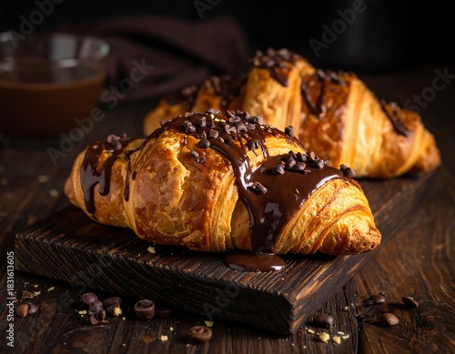 Two chocolate-glazed croissants on a wooden board, close up