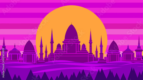 Silhouette of a city against a sunset backdrop