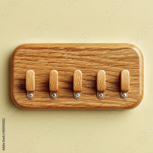 A rustic wooden key holder with five metal hooks mounted on a smooth, solid yellow wall.