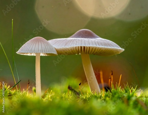 Two delicate mushrooms with smooth caps growing in bright green moss