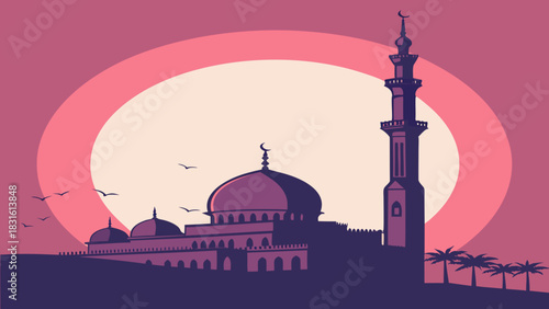 Silhouette of a mosque with birds and palm trees