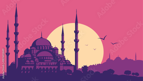 Silhouette of mosque at sunset with birds flying