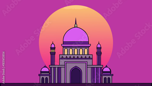 Illustration of a mosque against a sunset backdrop