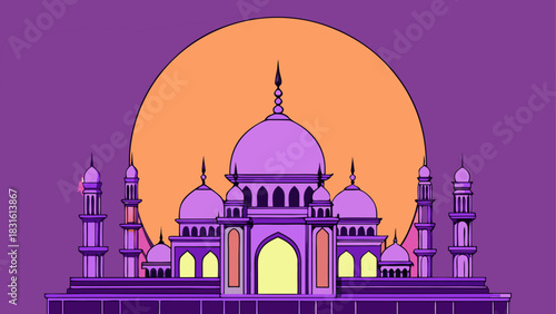 Illustration of a purple mosque against orange sun
