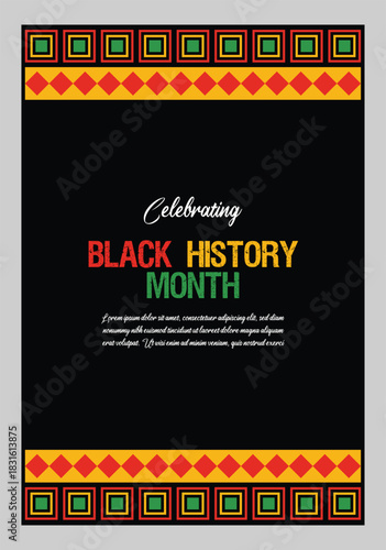 February Black History Month Poster Design with Geometric Cultural Pattern and Text Space.