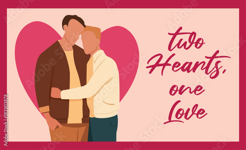 Valentine's Day Vector Banner with Male Couple Embracing, Equal Love and Diversity Theme.