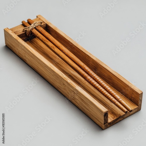 A pair of wooden chopsticks are neatly placed in a natural wood holder tied with twine, offering a simple and rustic kitchen accessory.
