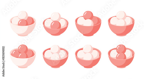 Pink bowls with mochi balls, various arrangements