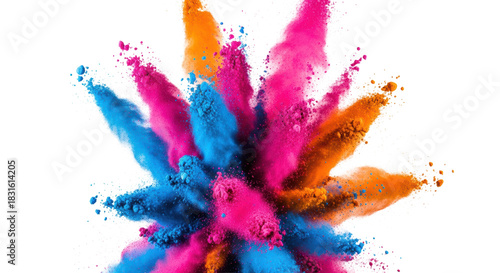 Dynamic explosion of ultra-fine, hyper-saturated cerise pink, cerulean blue, and cadmium orange powder, frozen in motion against a white backdrop. Concept for cosmetic or abstract advertising