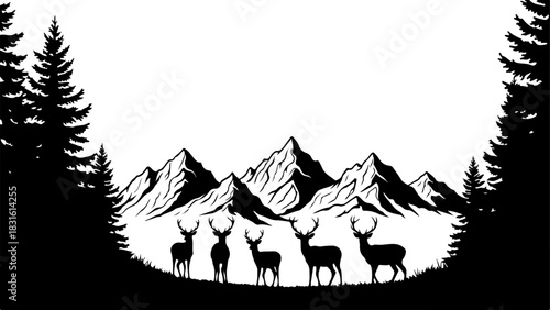Majestic Deer Silhouette in Mountain Forest Wilderness Art