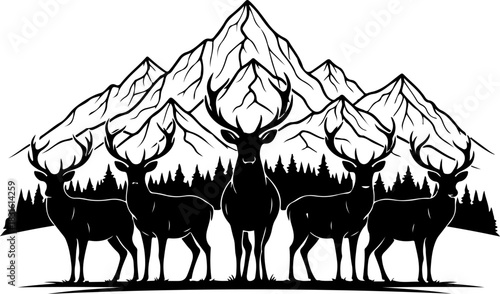 Majestic Deer Silhouette in Mountain Forest Wilderness Art