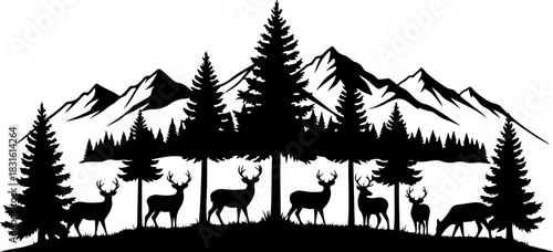 Majestic Deer Silhouette in Mountain Forest Wilderness Art