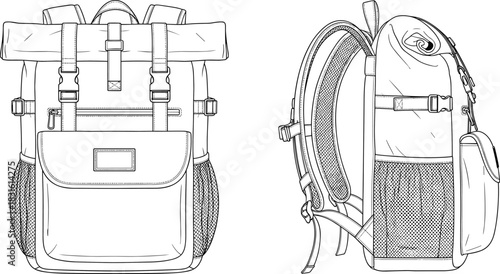 Backpack front and side view technical design sketch with straps and pockets, outdoor travel bag, cad drawing flat vector illustration