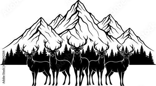 Majestic Deer Silhouette in Mountain Forest Wilderness Art