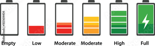 Battery charge level icon vector illustration, empty to full status, red orange green fill, power indicator graphic, energy design