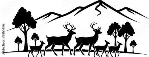 Majestic Deer Silhouette in Mountain Forest Wilderness Art