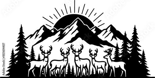 Majestic Deer Silhouette in Mountain Forest Wilderness Art