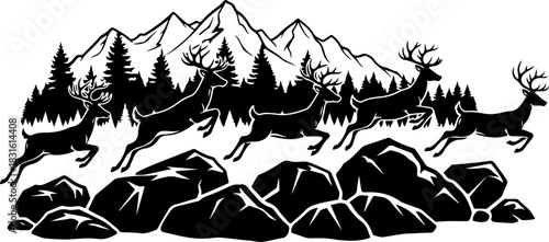 Majestic Deer Silhouette in Mountain Forest Wilderness Art