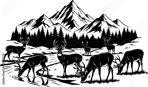 Majestic Deer Silhouette in Mountain Forest Wilderness Art