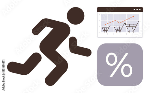 Human figure running alongside upward cart sales chart and large percentage sign, symbolizing urgency, e-commerce, discounts, business, marketing, customer behavior, and data analytics. Ideal