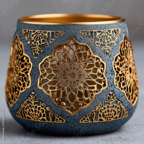 A close up of a dark blue candle holder with golden ornate patterns and cutout designs, casting light.