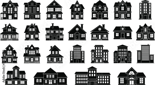 Black-and-white building icon set, residential and commercial architecture silhouettes, urban planning vector, diverse home and office styles