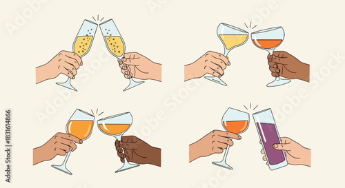 Toasting glasses diverse hands celebration drinks