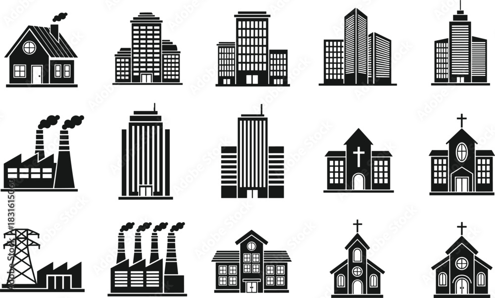 Naklejka premium Building icon vector set, black-and-white architecture symbols, school, church, factory, office, power station, urban planning illustration