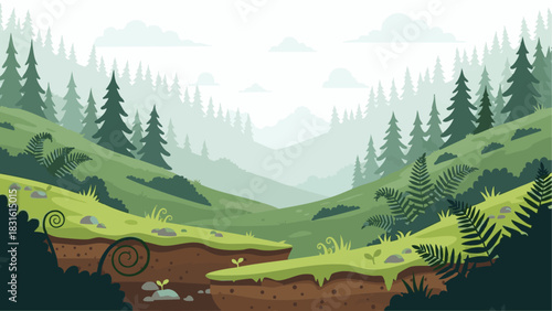 Green Forest Valley Landscape Illustration with Coniferous Trees and Ferns