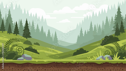 A serene cartoon nature landscape of a peaceful green valley with pine trees, rolling hills, and layers of misty mountains