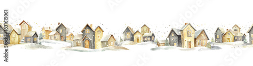 winter village seamless border pattern, cream and grey colors with snow, watercolor illustration, vector template isolated on transparent background for christmas web banner, advertising and marketing