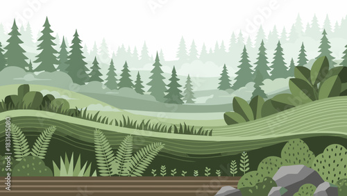 A Panoramic View of a Serene Forest Landscape with Lush Green Rolling Hills and Towering Pine Trees Rendered in a Stylized Vector Illustration Style