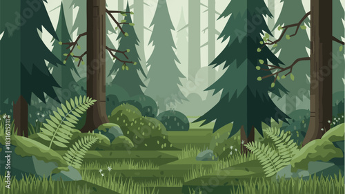 Misty Forest Glade Illustration with Ferns, Trees, and Undergrowth